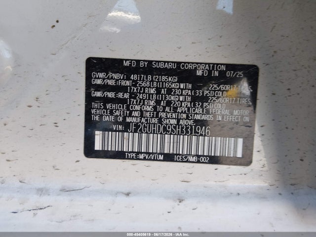 45405619 :رقم المزاد ، JF2GUHDC9SH331946 vin ، 2025 Subaru Crosstrek Premium مزاد بيع