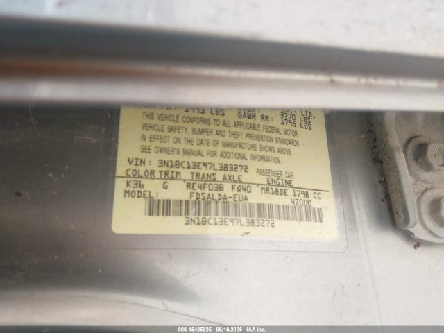 45405625 :رقم المزاد ، 3N1BC13E97L383272 vin ، 2007 Nissan Versa 1.8s مزاد بيع