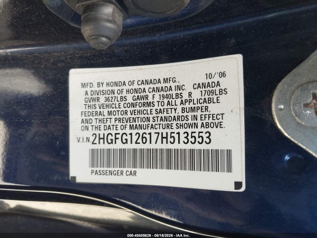 Продажа на аукционе авто 2007 Honda Civic Lx, vin: 2HGFG12617H513553, номер лота: 45405626
