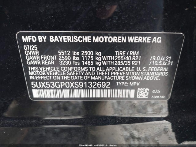 Aukcja sprzedaży 2025 Bmw X3 30 Xdrive, vin: 5UX53GP0XS9132692, numer aukcji: 45405691