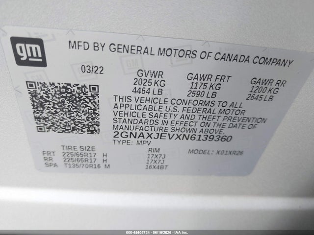 2GNAXJEVXN6139360 Chevrolet Equinox Fwd 2fl