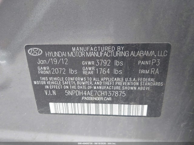 45405738 :رقم المزاد ، 5NPDH4AE7CH137875 vin ، 2012 Hyundai Elantra Gls مزاد بيع