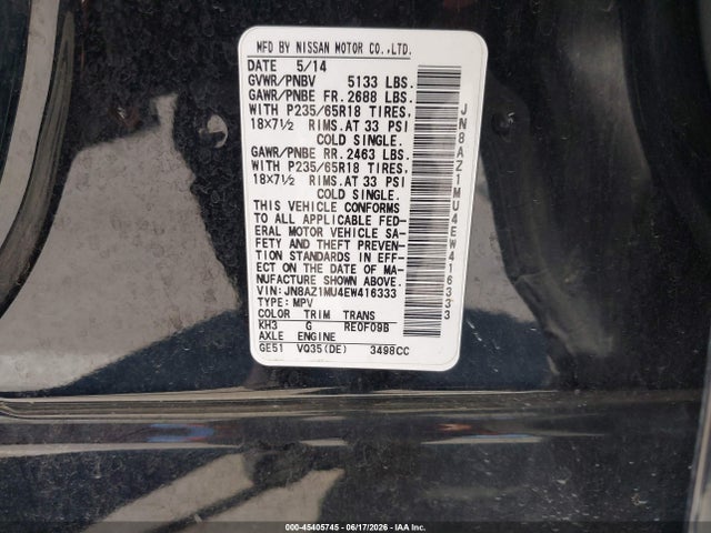Nissan MURANO S 2014 JN8AZ1MU4EW416333 Image 9