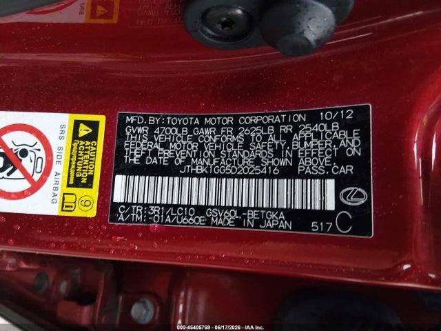 45405769 :رقم المزاد ، JTHBK1GG5D2025416 vin ، 2013 Lexus Es 350 مزاد بيع
