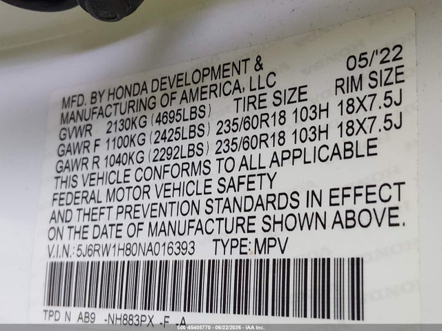 5J6RW1H80NA016393 Honda Cr-v 2wd Ex-l
