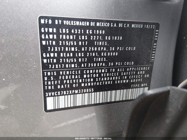 45405773 :رقم المزاد ، 3VVCX7B2XPM320855 vin ، 2023 Volkswagen Taos 1.5t S مزاد بيع