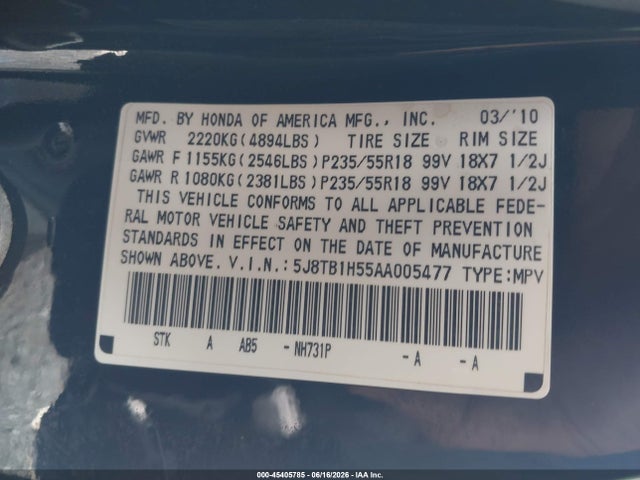 Aukcja sprzedaży 2010 Acura Rdx, vin: 5J8TB1H55AA005477, numer aukcji: 45405785
