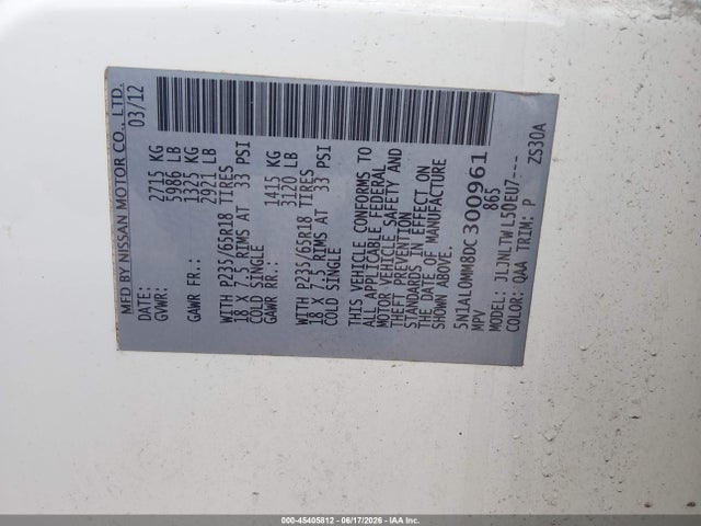 Продажа на аукционе авто 2013 Infiniti Jx35, vin: 5N1AL0MM8DC300961, номер лота: 45405812