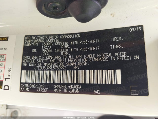 Auction sale of the 2020 Toyota 4runner, vin: JTEBU5JR9L5750992, lot number: 45405822