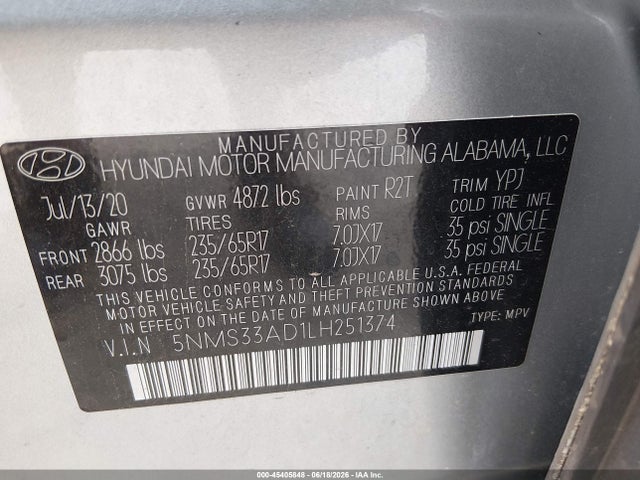 Aukcja sprzedaży 2020 Hyundai Santa Fe Sel, vin: 5NMS33AD1LH251374, numer aukcji: 45405848