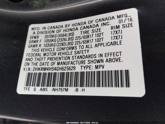 Honda CR-V EX 2016 2HKRM4H54GH625629 Image 9