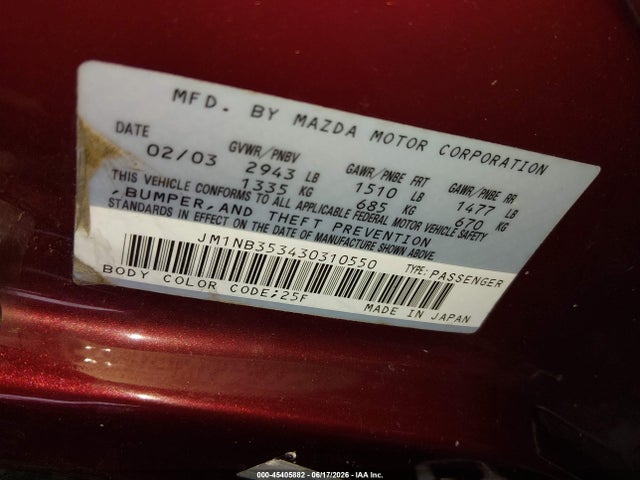 Продажа на аукционе авто 2003 Mazda Mx-5 Miata Cloth/ls/se/shinsen, vin: JM1NB353430310550, номер лота: 45405882