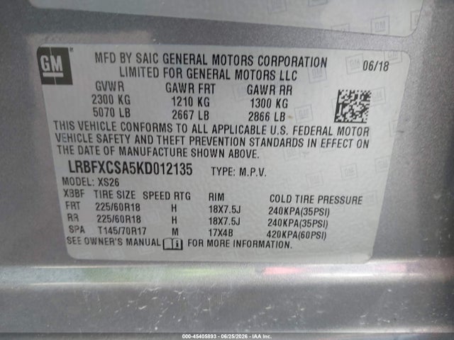 Aukcja sprzedaży 2019 Buick Envision Fwd Essence, vin: LRBFXCSA5KD012135, numer aukcji: 45405893