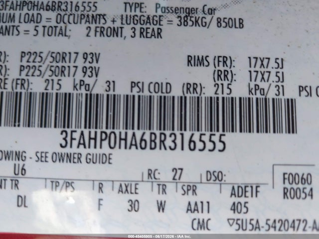 45405905 :رقم المزاد ، 3FAHP0HA6BR316555 vin ، 2011 Ford Fusion Se مزاد بيع