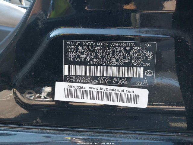 Aukcja sprzedaży 2010 Lexus Is 250, vin: JTHCF5C21A5039091, numer aukcji: 45405932