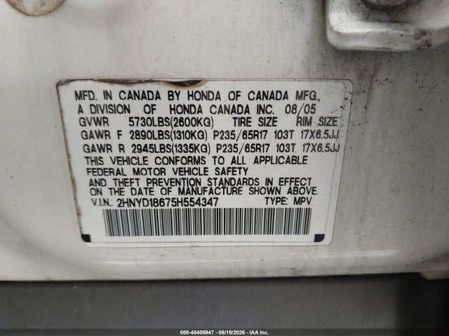 2005 Acura Mdx მანქანა იყიდება აუქციონზე, vin: 2HNYD18675H554347, აუქციონის ნომერი: 45405947