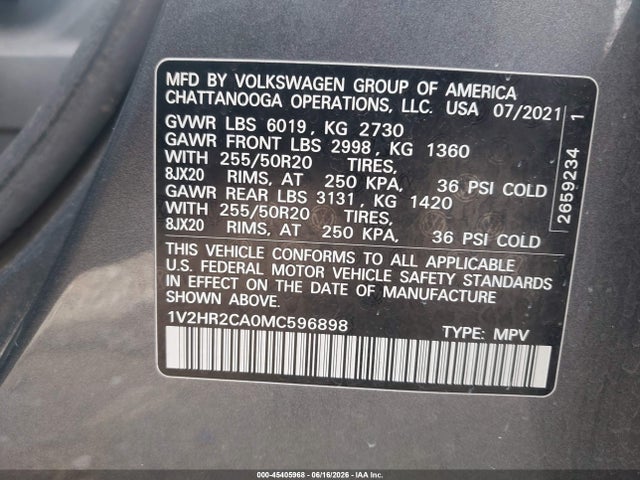 45405968 :رقم المزاد ، 1V2HR2CA0MC596898 vin ، 2021 Volkswagen Atlas 3.6l V6 Se W/technology مزاد بيع