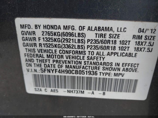 2012 Honda Pilot Touring მანქანა იყიდება აუქციონზე, vin: 5FNYF4H90CB051936, აუქციონის ნომერი: 45405972