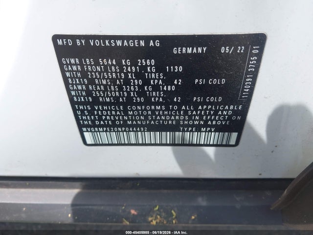 2022 Volkswagen Id.4 Pro მანქანა იყიდება აუქციონზე, vin: WVGRMPE20NP044492, აუქციონის ნომერი: 45405985