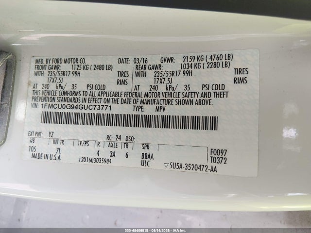 Ford ESCAPE SE 2016 1FMCU0G94GUC73771 Image 9