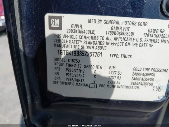 2005 Gmc Sierra 1500 Sle მანქანა იყიდება აუქციონზე, vin: 1GTEK19B85Z257761, აუქციონის ნომერი: 45406033
