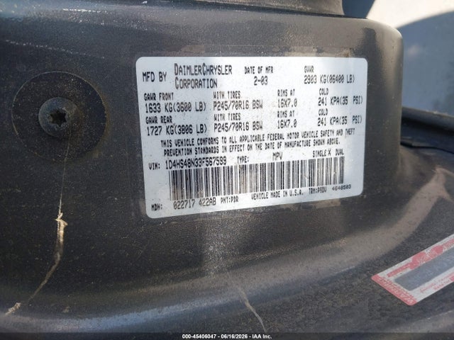 45406047 :رقم المزاد ، 1D4HS48N33F567599 vin ، 2003 Dodge Durango Slt مزاد بيع