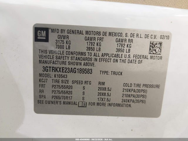 Aukcja sprzedaży 2010 Gmc Sierra 1500 Denali, vin: 3GTRKXE23AG189583, numer aukcji: 45406068