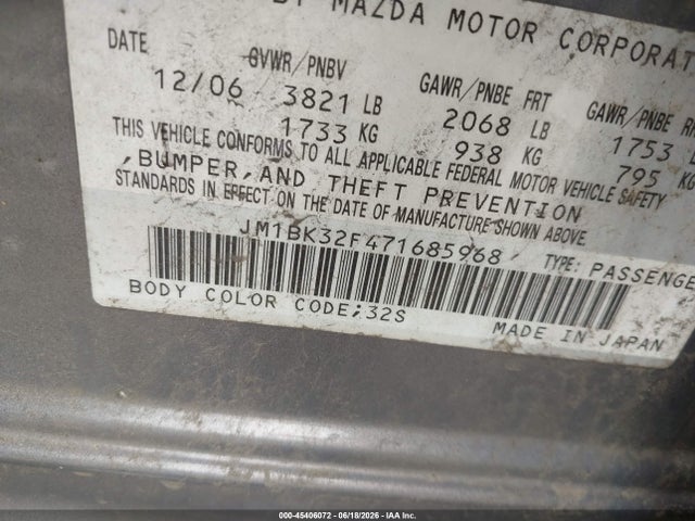 45406072 :رقم المزاد ، JM1BK32F471685968 vin ، 2007 Mazda Mazda3 I مزاد بيع