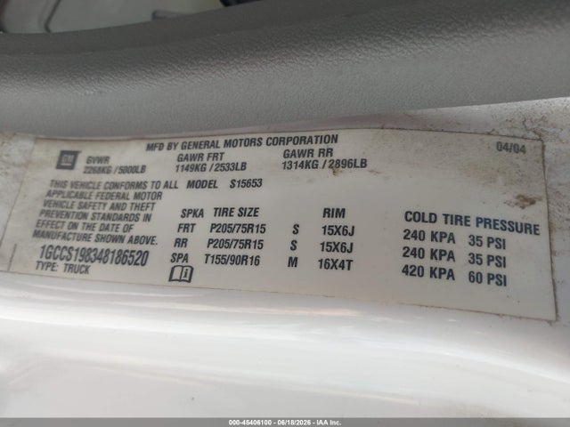 45406100 :رقم المزاد ، 1GCCS198348186520 vin ، 2004 Chevrolet Colorado مزاد بيع