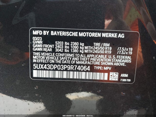 2023 Bmw X3 Sdrive30i მანქანა იყიდება აუქციონზე, vin: 5UX43DP03P9R74064, აუქციონის ნომერი: 45406112