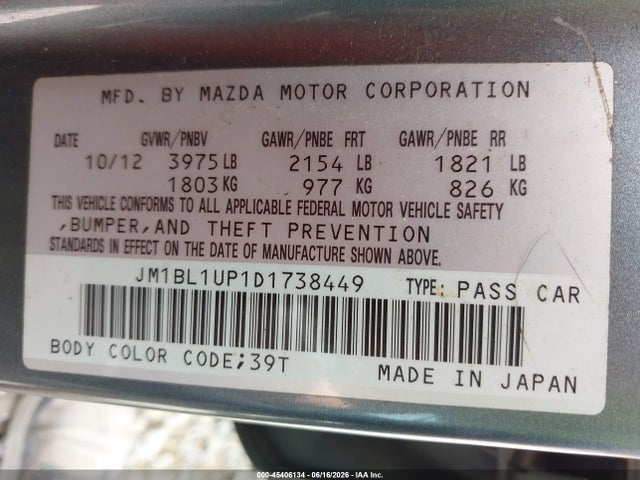 Aukcja sprzedaży 2013 Mazda Mazda3 I Sport, vin: JM1BL1UP1D1738449, numer aukcji: 45406134