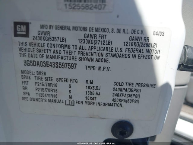 2003 Buick Rendezvous Cx მანქანა იყიდება აუქციონზე, vin: 3G5DA03E43S597597, აუქციონის ნომერი: 45406145