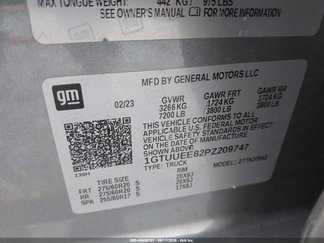 45406151 :رقم المزاد ، 1GTUUEE82PZ209747 vin ، 2023 Gmc Sierra 1500 4wd  Short Box At4 مزاد بيع