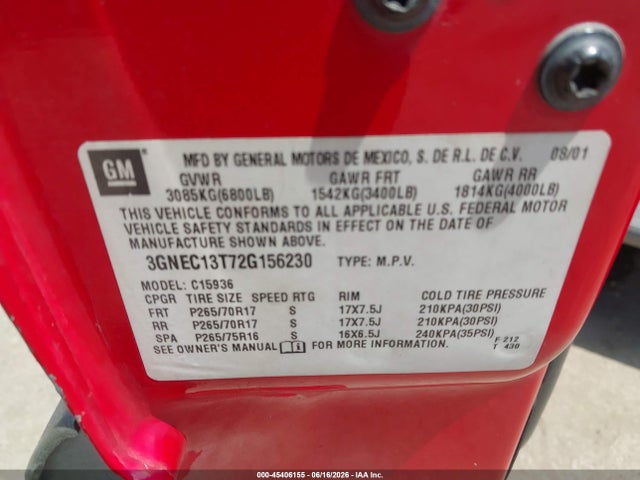 45406155 :رقم المزاد ، 3GNEC13T72G156230 vin ، 2002 Chevrolet Avalanche 1500 مزاد بيع