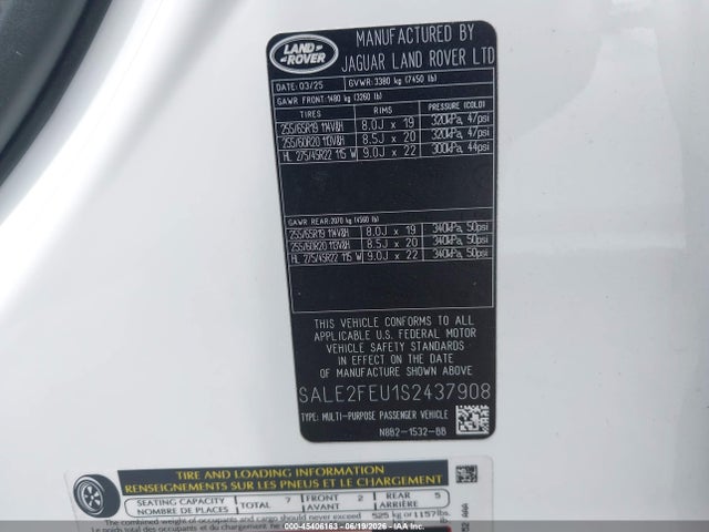 45406163 :رقم المزاد ، SALE2FEU1S2437908 vin ، 2025 Land Rover Defender 130 P400 X-dynamic Se مزاد بيع