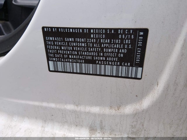2015 Volkswagen Jetta 1.8t Sport მანქანა იყიდება აუქციონზე, vin: 3VWD17AJ4FM347848, აუქციონის ნომერი: 45406186