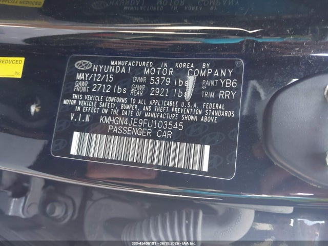 Aukcja sprzedaży 2015 Hyundai Genesis 3.8, vin: KMHGN4JE9FU103545, numer aukcji: 45406191