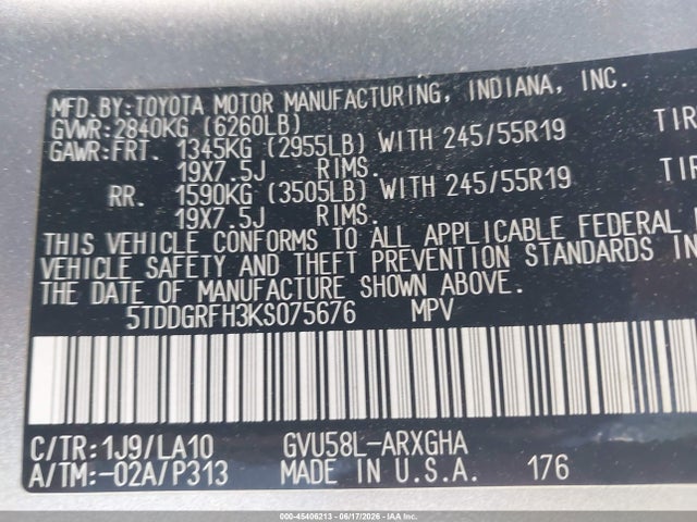 Auction sale of the 2019 Toyota Highlander Hybrid Limited Platinum, vin: 5TDDGRFH3KS075676, lot number: 45406213
