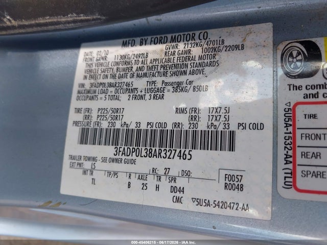 Aukcja sprzedaży 2010 Ford Fusion Hybrid, vin: 3FADP0L38AR327465, numer aukcji: 45406215
