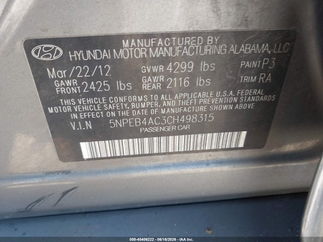 2012 Hyundai Sonata Gls მანქანა იყიდება აუქციონზე, vin: 5NPEB4AC3CH498315, აუქციონის ნომერი: 45406222