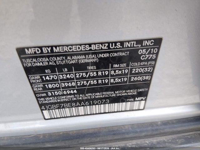 2010 Mercedes-benz Gl 450 4matic მანქანა იყიდება აუქციონზე, vin: 4JGBF7BE8AA619073, აუქციონის ნომერი: 45406293