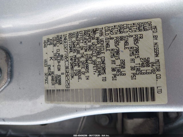 2002 Nissan Frontier Xe-v6 მანქანა იყიდება აუქციონზე, vin: 1N6ED27T02C368229, აუქციონის ნომერი: 45406296