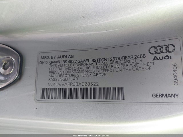 45406318 :رقم المزاد ، WAUVVAFR0BA028622 vin ، 2011 Audi S5 4.2 Premium Plus مزاد بيع