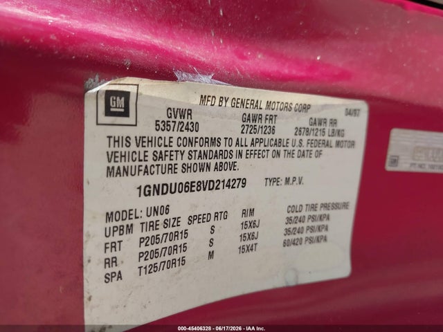 45406328 :رقم المزاد ، 1GNDU06E8VD214279 vin ، 1997 Chevrolet Venture مزاد بيع