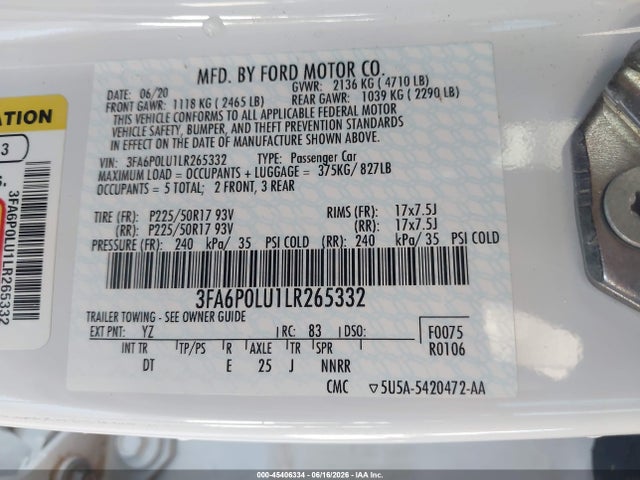 3FA6P0LU1LR265332 Ford Fusion Hybrid Se