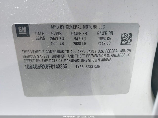 2015 Cadillac Ats Standard მანქანა იყიდება აუქციონზე, vin: 1G6AG5RX8F0143335, აუქციონის ნომერი: 45406351