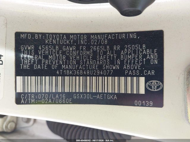 Aukcja sprzedaży 2008 Toyota Avalon Xls, vin: 4T1BK36B48U294077, numer aukcji: 45406352