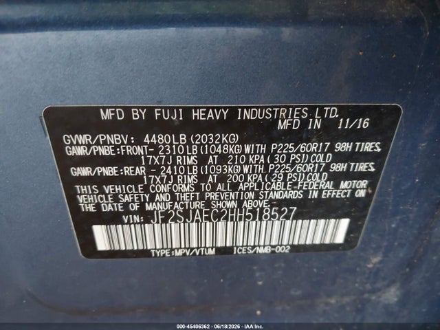 2017 Subaru Forester 2.5i Premium მანქანა იყიდება აუქციონზე, vin: JF2SJAEC2HH518527, აუქციონის ნომერი: 45406362