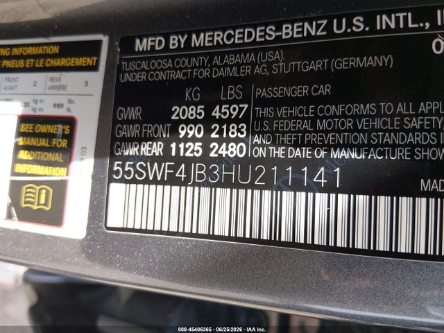 Aukcja sprzedaży 2017 Mercedes-benz C 300, vin: 55SWF4JB3HU211141, numer aukcji: 45406365