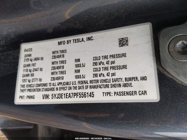 Продажа на аукционе авто 2023 Tesla Model 3 Rear-wheel Drive, vin: 5YJ3E1EA7PF556145, номер лота: 45406393